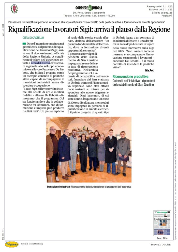 Citta` di Castello - Riqualificazione lavoratori Sigit: arriva il plauso dalla Regione - CORRIERE DELL'UMBRIA - Rassegna Stampa 21/12/2025