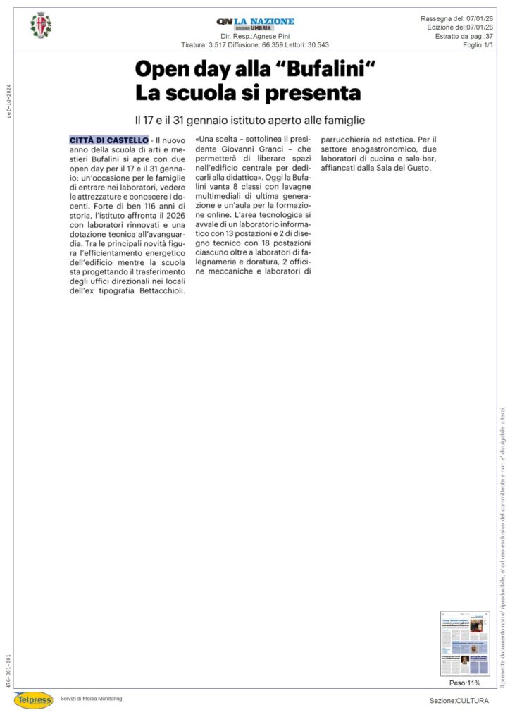 Città di Castello - Open day alla "Bufalini" La scuola si presenta - NAZIONE UMBRIA PERUGIA - Rassegna Stampa 07/01/2026