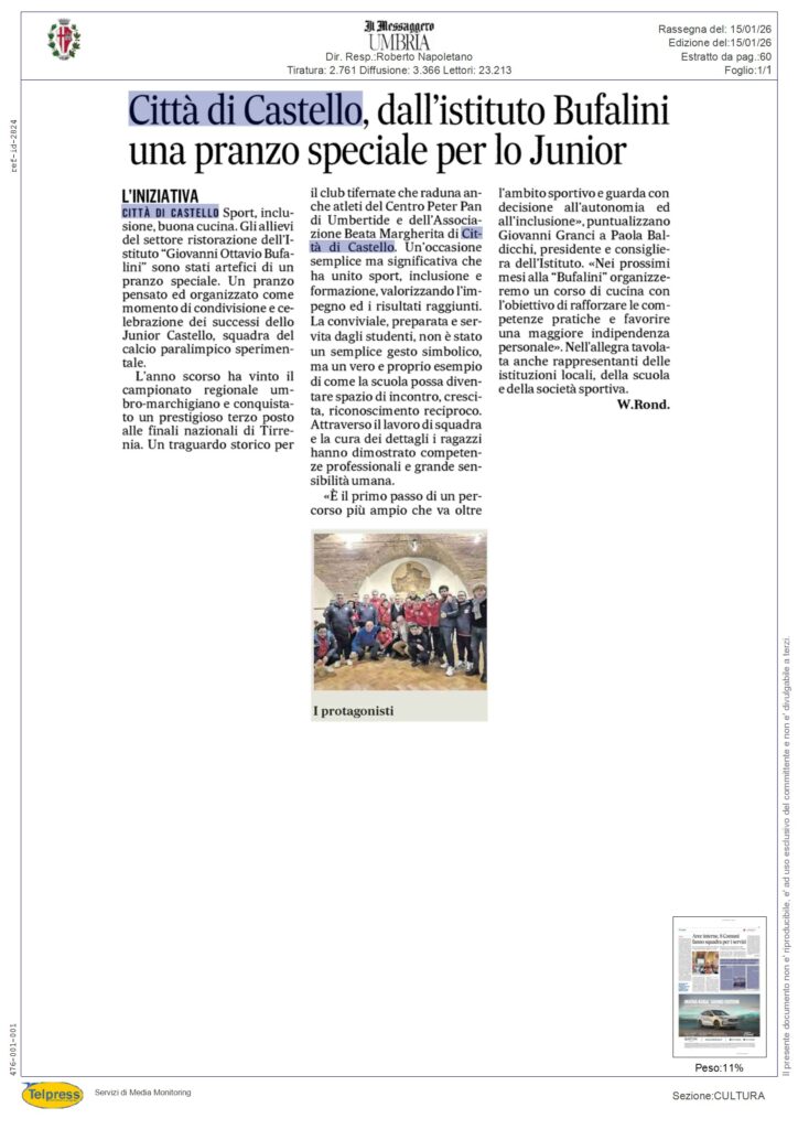 Città di Castello - Città di Castello, dall`istituto Bufalini una pranzo speciale per lo Junior -  MESSAGGERO UMBRIA - Rassegna Stampa 15/01/2026
