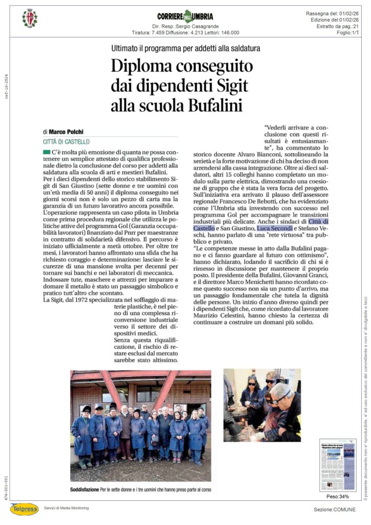 Città di Castello - Diploma conseguito dai dipendenti Sigit alla scuola Bufalini - CORRIERE DELL'UMBRIA - Rassegna Stampa 01/02/2026