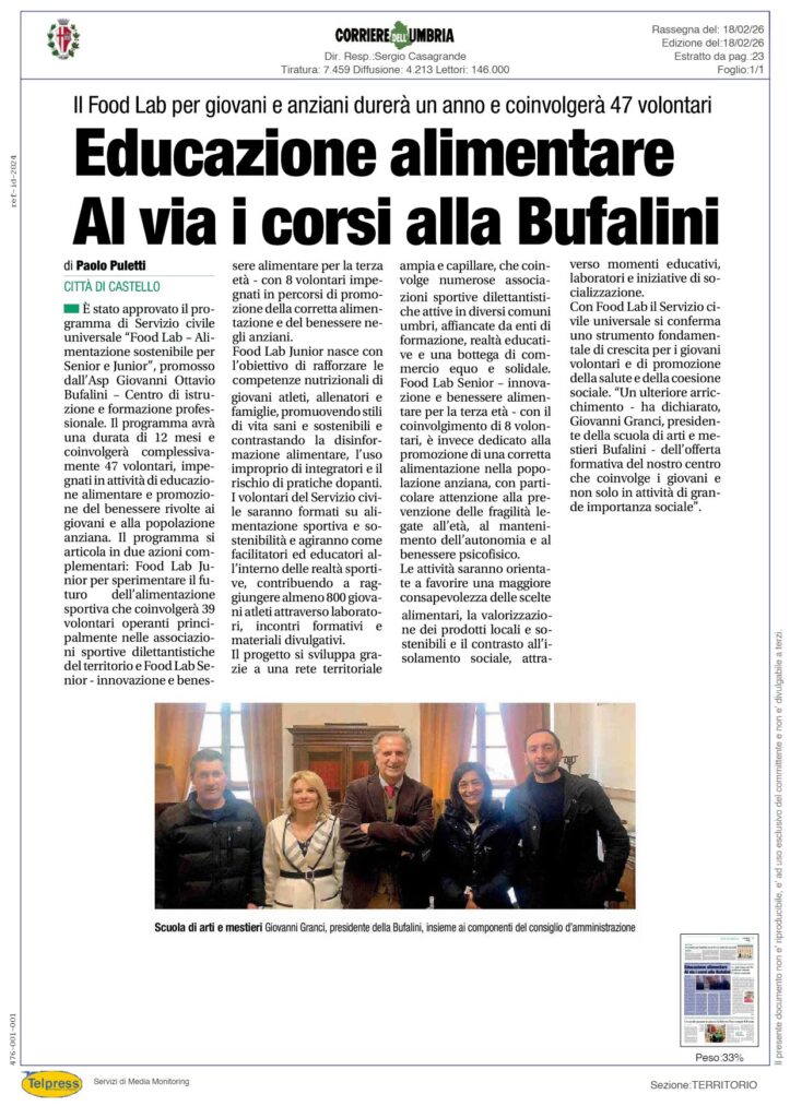 Città di Castello - Educazione alimentare Al via i corsi alla Bufalini - CORRIERE DELL'UMBRIA - Rassegna Stampa 18/02/2026