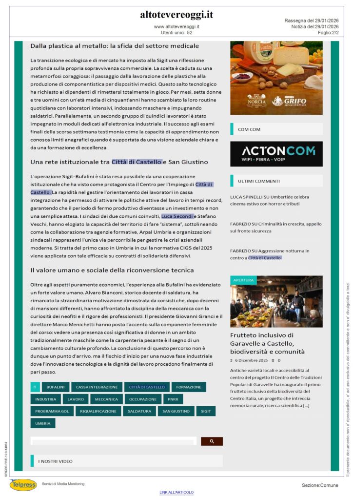 Città di Castello - Lavoro: la scuola Bufalini rigenera l’occupazione in Umbria - ALTO TEVERE OGGI - Rassegna Stampa 30/01/2026