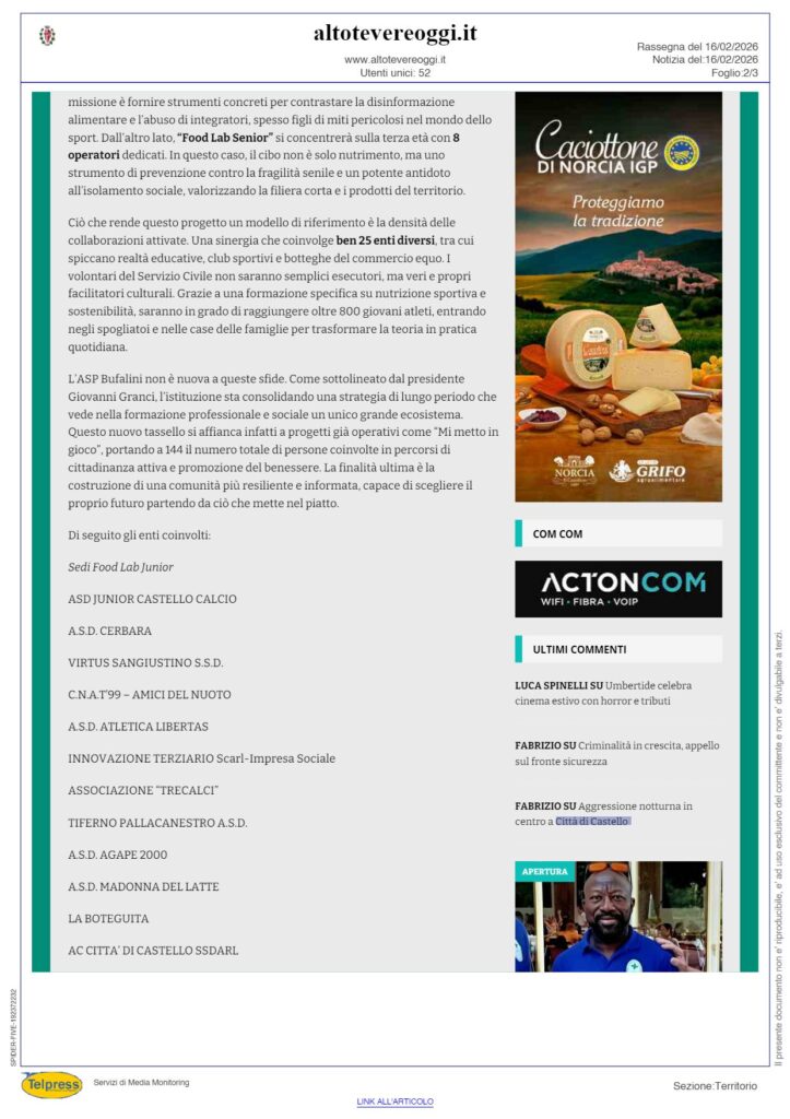 Città di Castello - Alimentazione: al via il progetto Food Lab alla Bufalini - ALTO TEVERE OGGI - Rassegna Stampa 17/02/2026