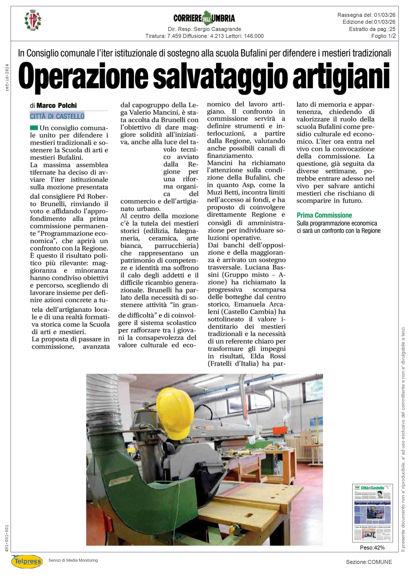 Città di Castello - Operazione salvataggio artigiani - CORRIERE DELL'UMBRIA - Rassegna Stampa 01/03/2026