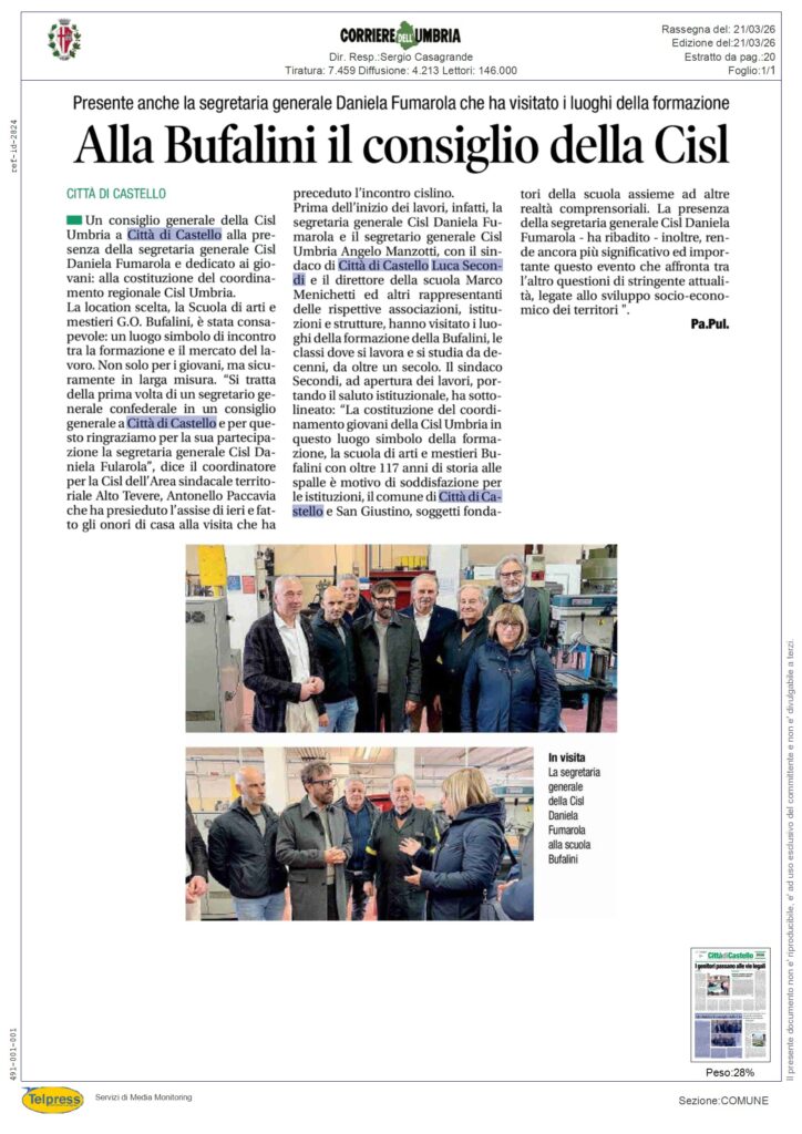Città di Castello - Alla Bufalini il consiglio della Cisl - CORRIERE DELL'UMBRIA - Rassegna Stampa 21/03/2026