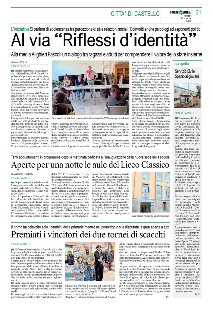 Città di Castello - Servizio Civile Spazio ai giovani - CORRIERE DELL'UMBRIA - Rassegna Stampa 27/03/2026