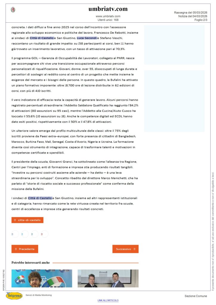 Città di Castello - Scuola Arti e Mestieri “Bufalini”, proseguono i corsi GOL -  UMBRIA TV - Rassegna Stampa 05/03/2026