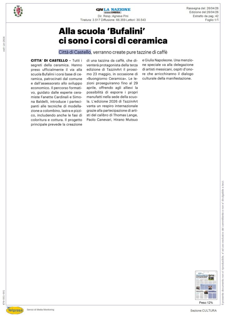 Città di Castello - Alla scuola `Bufalini` ci sono i corsi di ceramica - NAZIONE UMBRIA PERUGIA - Rassegna Stampa 26/04/2026