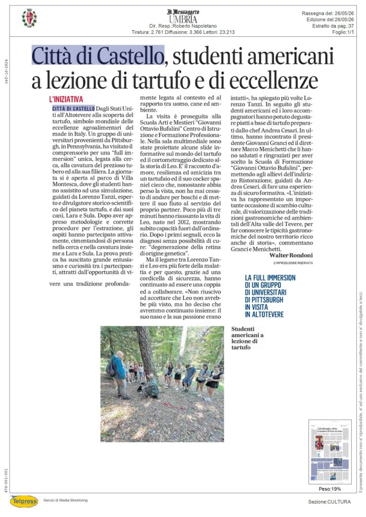 Città di Castello - Città di Castello, studenti americani a lezione di tartufo e di eccellenze - MESSAGGERO UMBRIA - Rassegna Stampa 26/05/2026