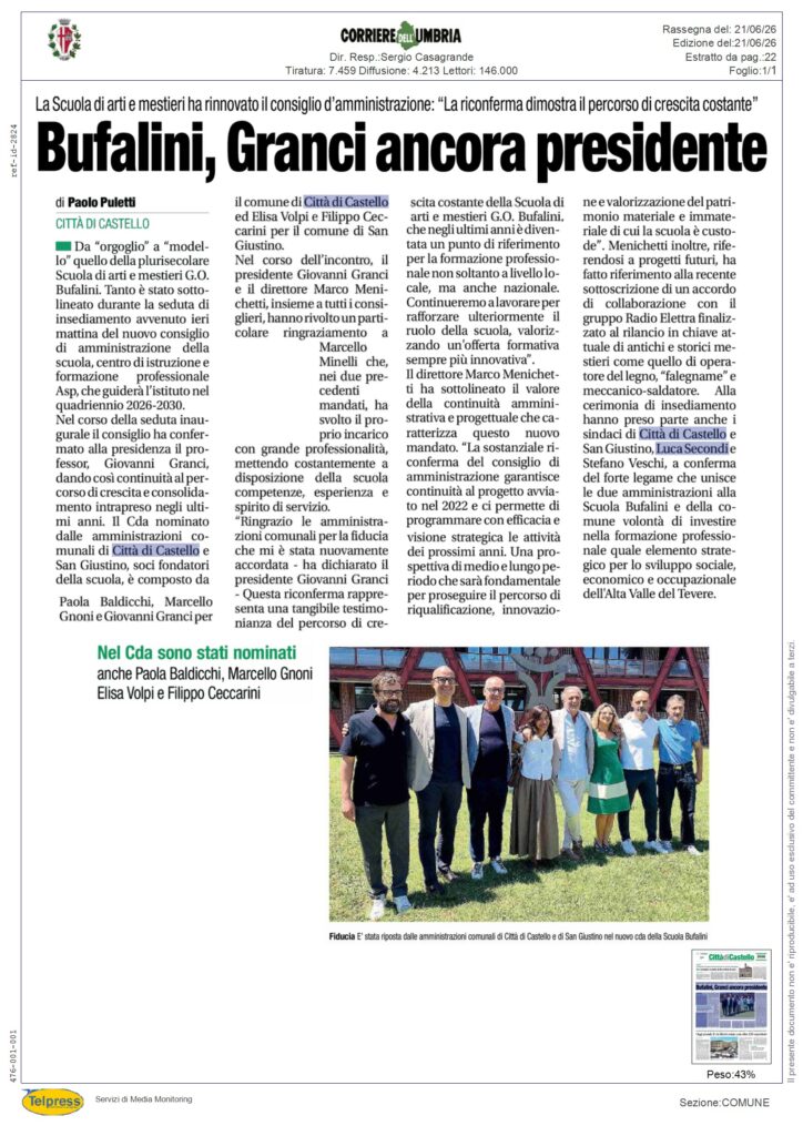 Città di Castello - Bufalini, Granci ancora presidente - CORRIERE DELL'UMBRIA - Rassegna Stampa 21/06/2026