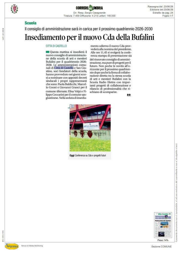 Città di Castello - Insediamento per il nuovo Cda della Bufalini - CORRIERE DELL'UMBRIA - Rassegna Stampa 20/06/2026