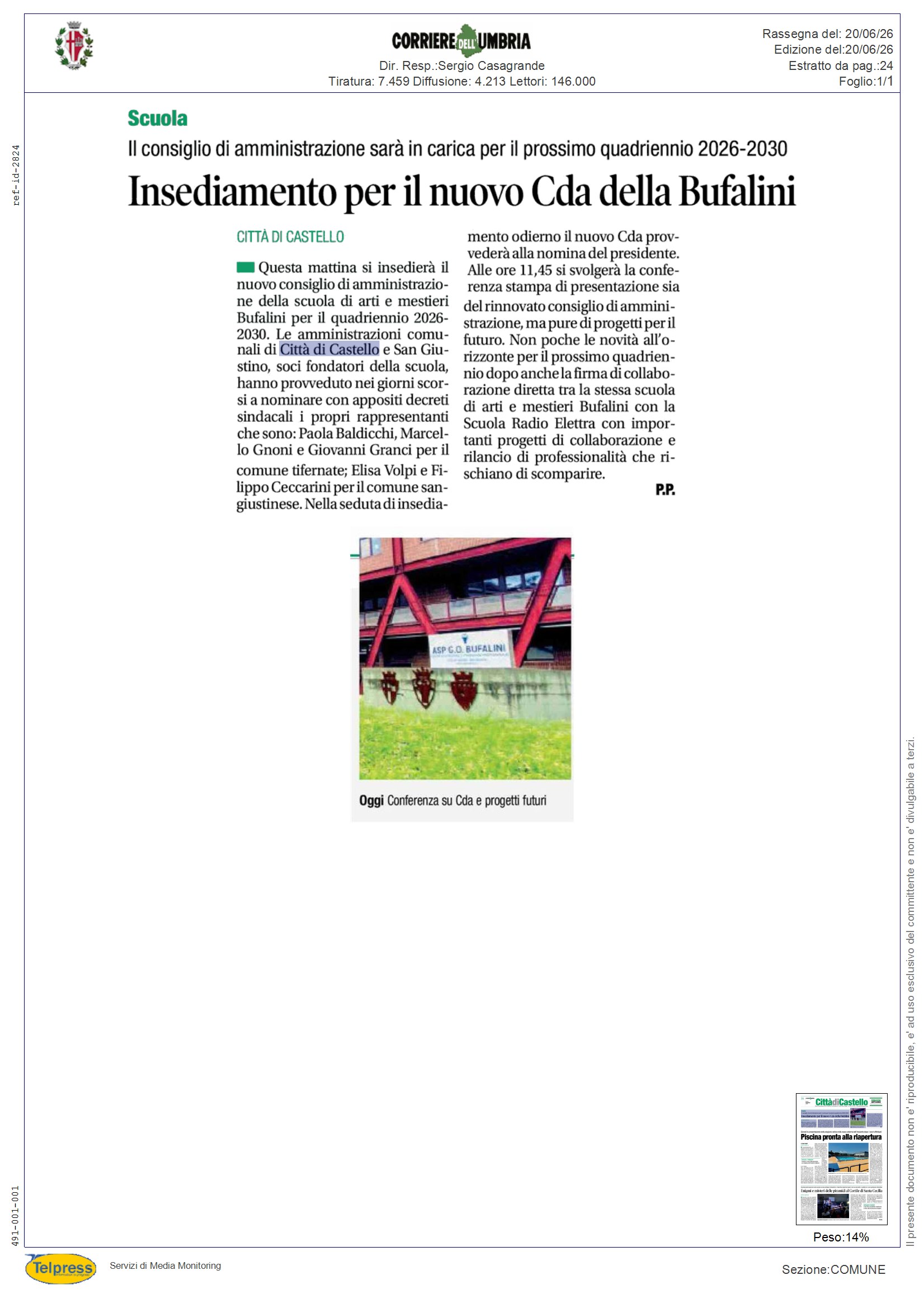 Città di Castello - Insediamento per il nuovo Cda della Bufalini - CORRIERE DELL'UMBRIA - Rassegna Stampa 20/06/2026
