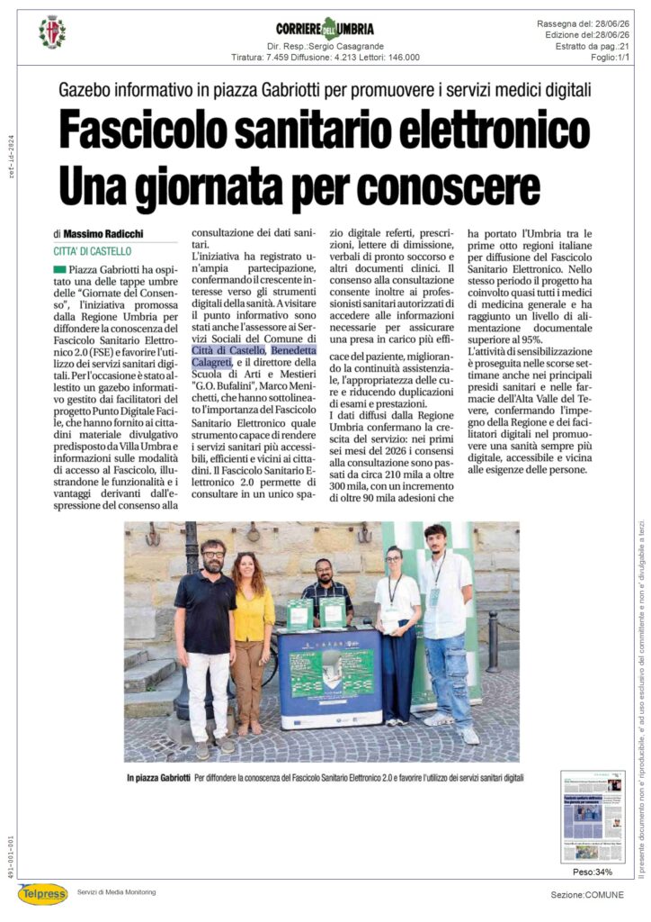 Città di Castello - Fascicolo sanitario elettronico Una giornata per conoscere - CORRIERE DELL'UMBRIA - Rassegna Stampa 28/06/2026