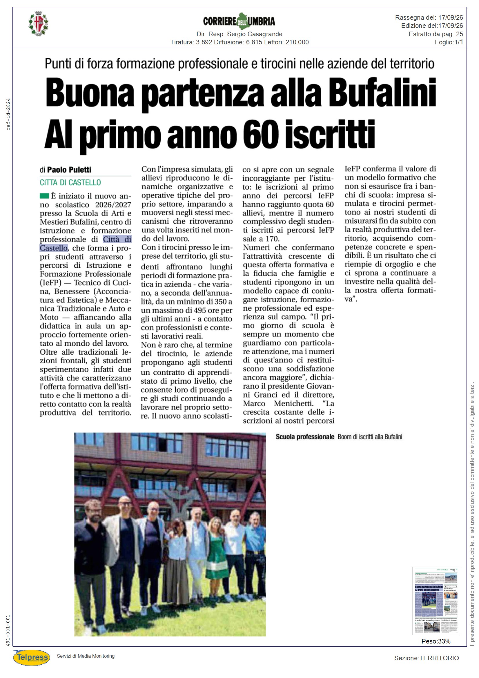 Citta` di Castello - Buona partenza alla Bufalini Al primo anno 60 iscritti - CORRIERE DELL'UMBRIA - Rassegna Stampa 17/09/2026