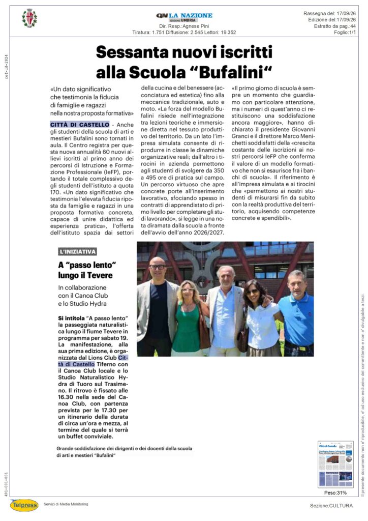 Città di Castello - Sessanta nuovi iscritti alla Scuola "Bufalini" - NAZIONE UMBRIA PERUGIA - Rassegna Stampa 17/09/2026